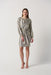 Joseph Ribkoff Style 234058 Grey/Gold Foiled Knit Belted Puff Sleeve Sheath Dress