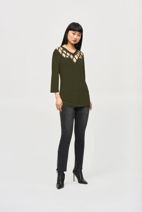 Joseph Ribkoff Embellished Cutout Yoke 3/4 Sleeve Top 243332