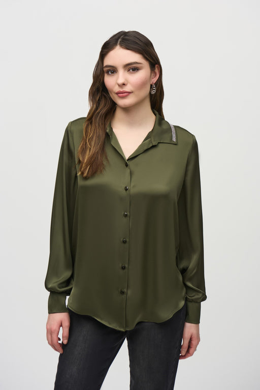 Joseph Ribkoff Style 244101 Iguana Green Embellished Button-Down Satin Blouse