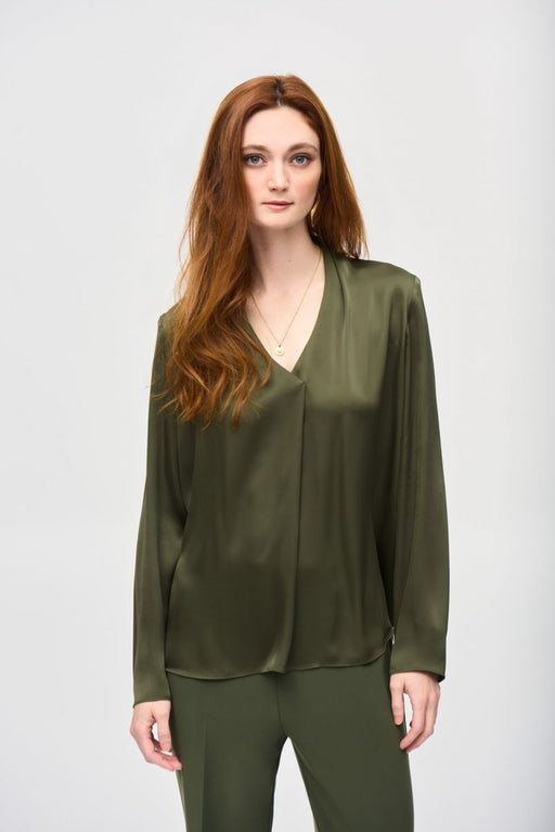 Joseph Ribkoff Style 243057 Iguana Pleated V-Neck Long Sleeve Satin Top