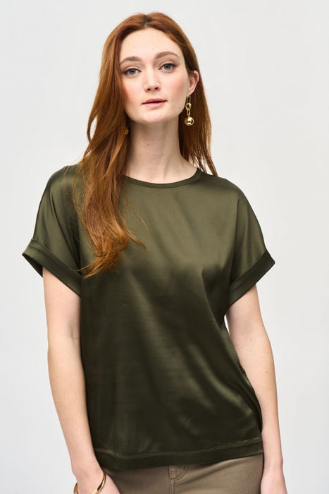 Joseph Ribkoff Style 243912 Iguana Satin Front Round Neck Short Sleeve Top