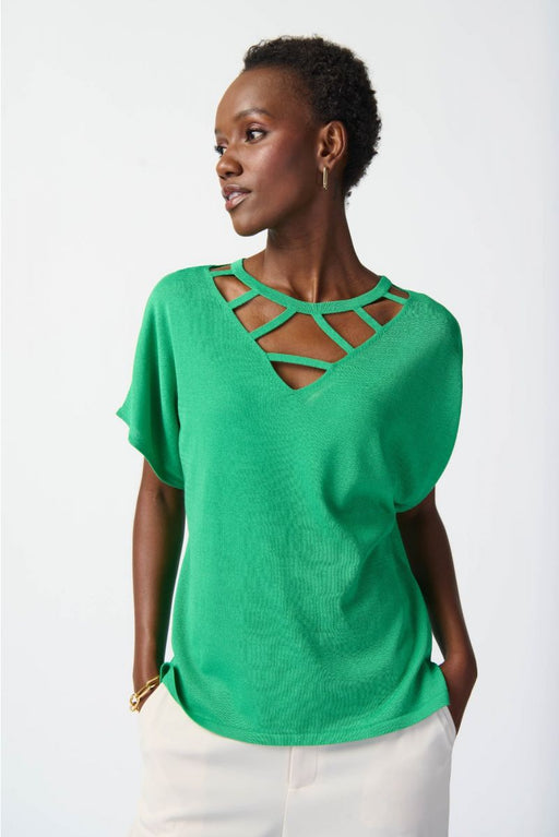 Joseph Ribkoff Style 241915 Island Green Cutout V-Neck Dolman Sleeve Knit Sweater Top