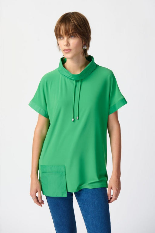 Joseph Ribkoff Style 241078 Island Green Mixed Fabric Front Pocket Short Sleeve Top