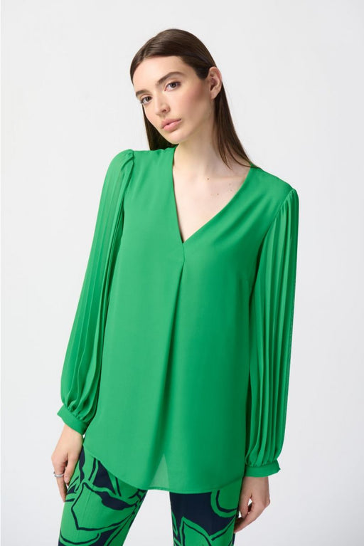 Joseph Ribkoff Style 241173 Island Green Pleated Chiffon Sleeves V-Neck Blouse