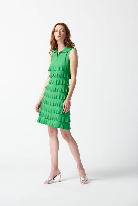 Joseph Ribkoff Style 242116 Island Green Tiered Ruffles Zip Front Sleeveless Shift Dress