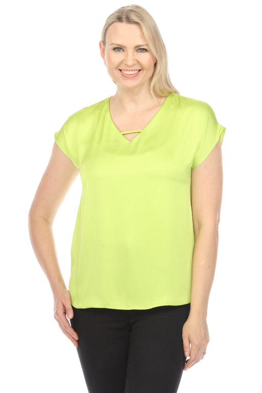 Joseph Ribkoff Style 242123 Key Lime Keyhole V-Neck Short Sleeve Satin Top