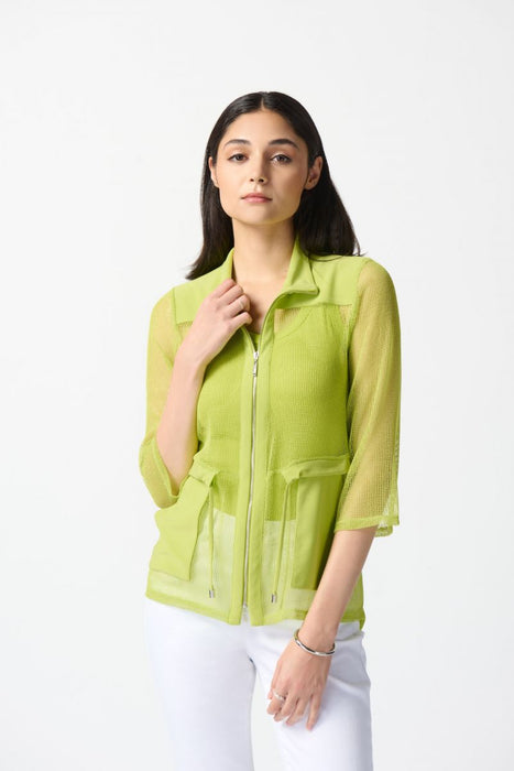 Joseph Ribkoff Style 242102 Key Lime Mesh Zip Front Drawstring Waist Jacket