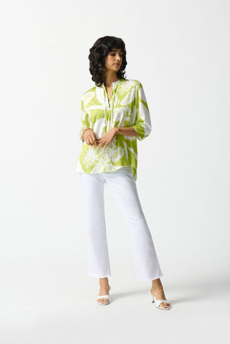 Joseph Ribkoff Key Lime/Vanilla Mandarin Collared 3/4 Sleeve Boxy Top 242184