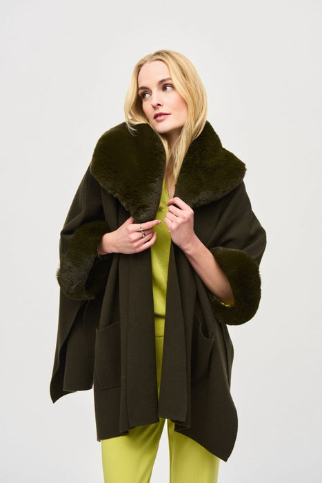 Joseph Ribkoff Style 243930 Khaki Faux Fur Trim 3/4 Sleeve Oversized Cape