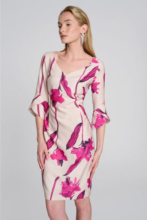 Joseph Ribkoff Light Sand/Pink Floral Print V-Neck Sheath Dress 242733