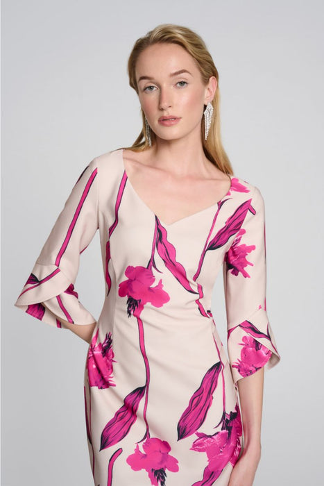 Joseph Ribkoff Light Sand/Pink Floral Print V-Neck Sheath Dress 242733