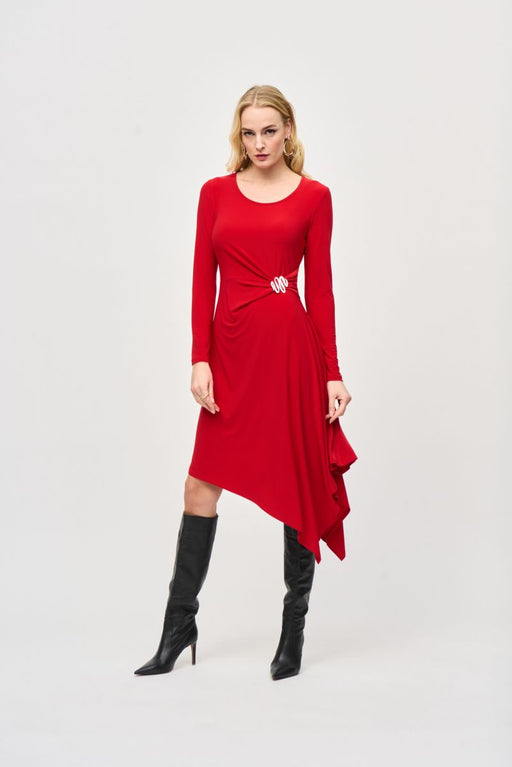 Joseph Ribkoff Style 243153 Lipstick Red Long Sleeve Asymmetric Midi Fit And Flare Dress