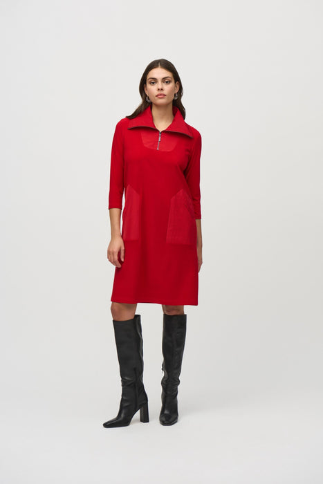 Joseph Ribkoff Style 244045 Lipstick Red Zip High Neck 3/4 Sleeve Shift Dress