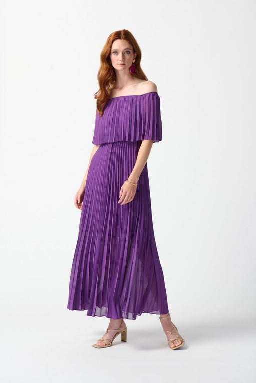 Joseph Ribkoff Style 242926 Majesty Off-Shoulder Pleated Chiffon Party Long Maxi Dress