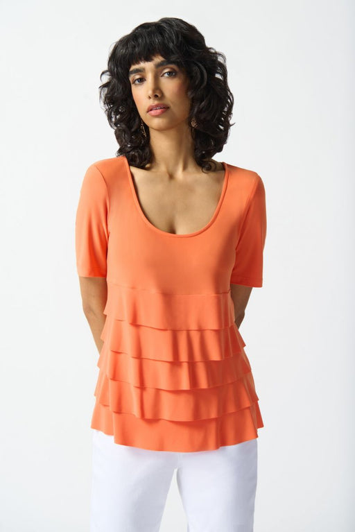 Joseph Ribkoff Style 242214 Mandarin Tiered Ruffles Scoop Neck Short Sleeve Top