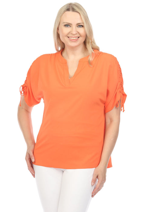 Joseph Ribkoff Style 242085 Mandarin V-Neck Ruched Tie Short Sleeves Top