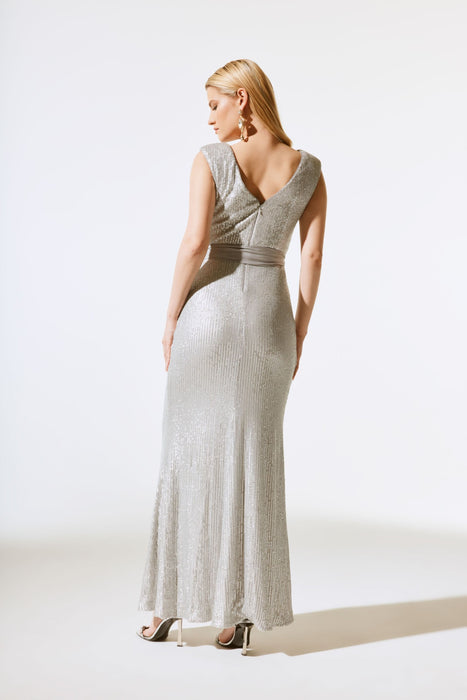 Joseph Ribkoff Matte Silver Sequined Formal Evening Long Dress 243775