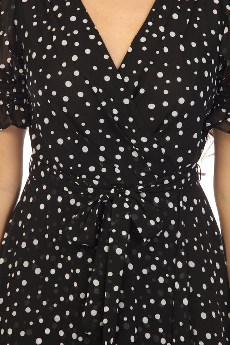 Joseph Ribkoff Midnight Black/White Polka Dot Puff Sleeves Belted Midi —  AfterRetail