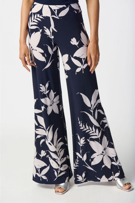 Joseph Ribkoff Style 241199 Midnight Blue/Beige Floral Print Pull On Wide Leg Pants