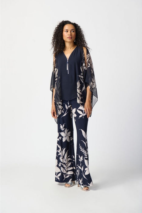 Joseph Ribkoff Midnight Blue/Beige Floral Print Pull On Wide Leg Pants 241199