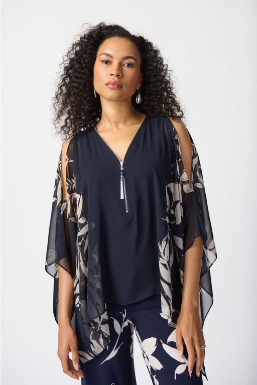 Joseph Ribkoff Style 241060 Midnight Blue/Beige Floral Print Zip Front Chiffon Poncho Top