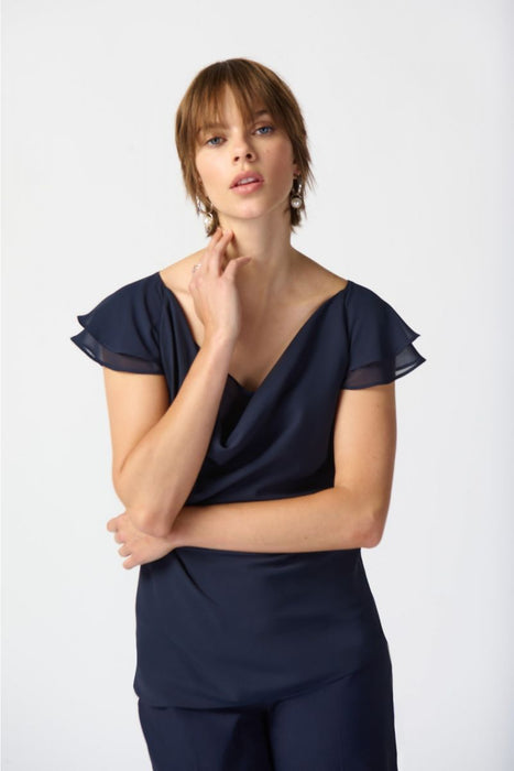 Joseph Ribkoff Style 241177 Midnight Blue Cowl Neck Tiered Flutter Sleeve Top