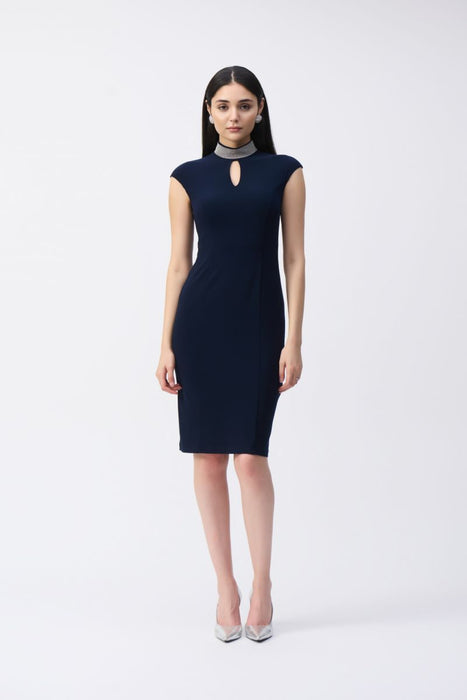 Joseph Ribkoff Style 243313 Midnight Blue Embellished Choker Collar Cap Sleeve Sheath Dress