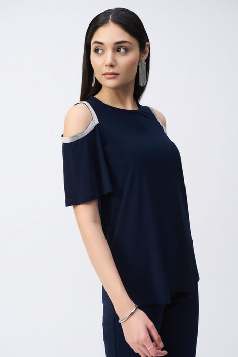 Joseph Ribkoff Style 243226 Midnight Blue Rhinestone Embellished Cold-Shoulder Tunic Top