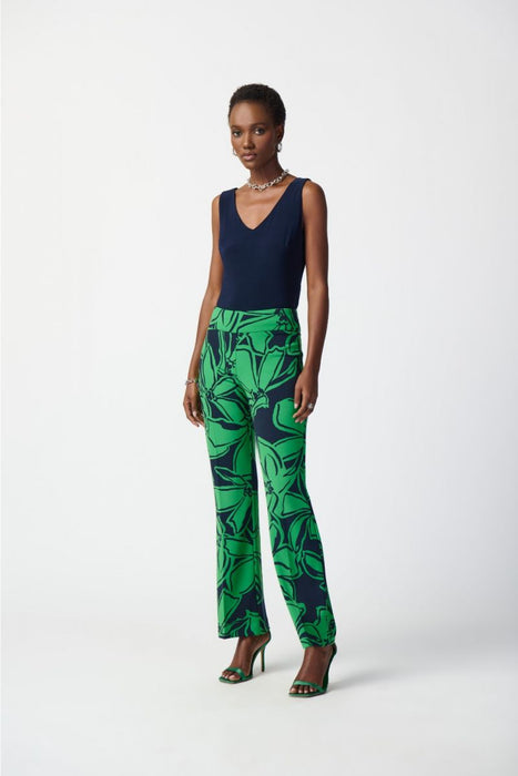 Joseph Ribkoff Midnight Blue/Green Floral Print Pull On Relaxed Straight Pants 241254