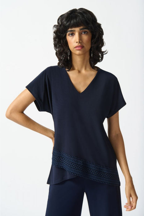 Joseph Ribkoff Style 242132 Midnight Blue Lace Trim Overlap Front V-Neck Top