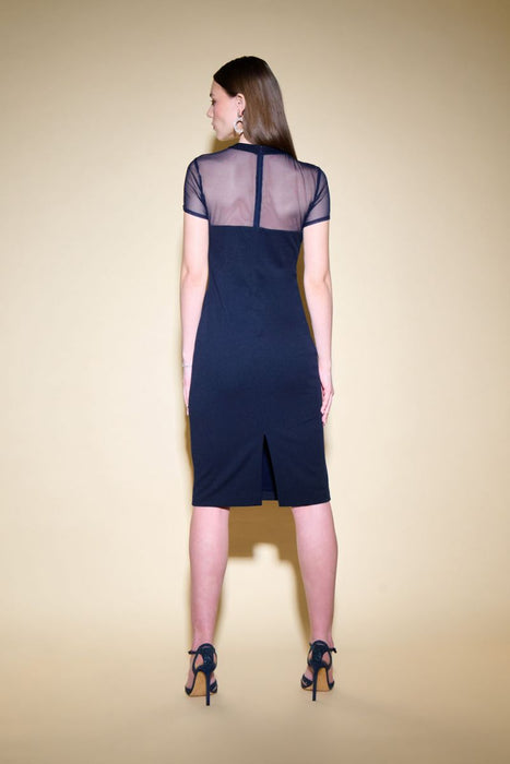 Joseph Ribkoff Midnight Blue Mesh Yoke Bow Detail Short Sleeve Sheath Dress 234715