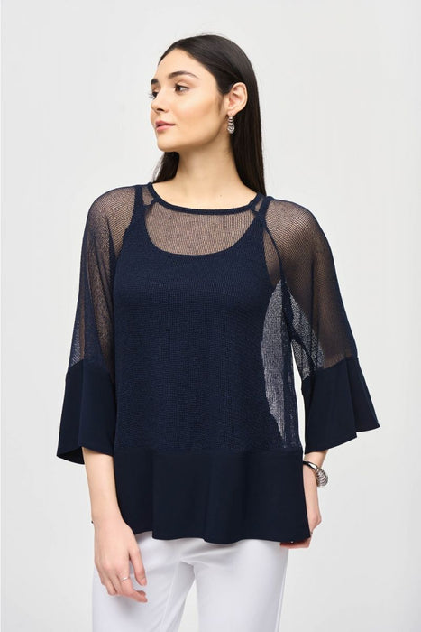 Joseph Ribkoff Style 241261 Midnight Blue Mesh Overlay 3/4 Sleeve 2-Piece Tunic Top