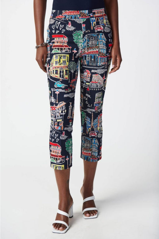 Joseph Ribkoff Style 241268 Midnight Blue/Multi Paris Print Pull On Capri Pants
