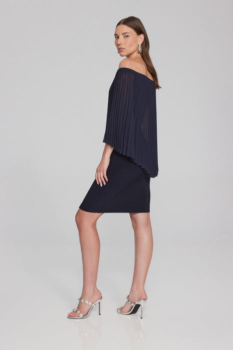 Joseph Ribkoff Midnight Blue Off-Shoulder Pleated Cape Sleeve Sheath Dress 241781