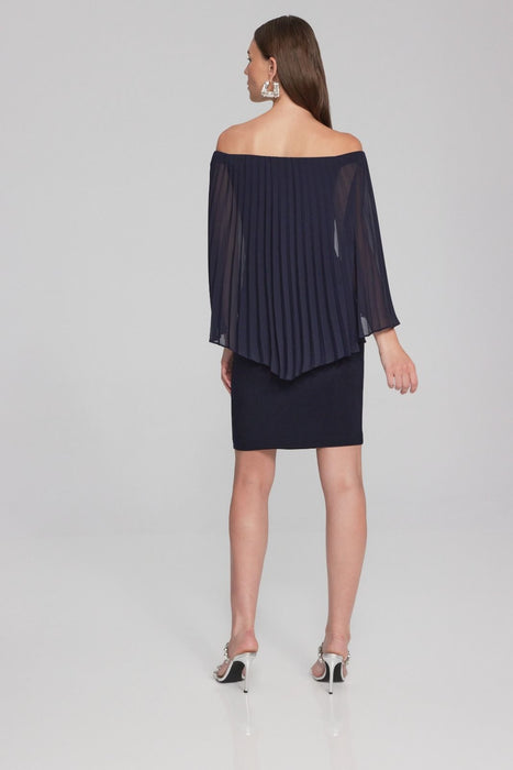 Joseph Ribkoff Midnight Blue Off-Shoulder Pleated Cape Sleeve Sheath Dress 241781