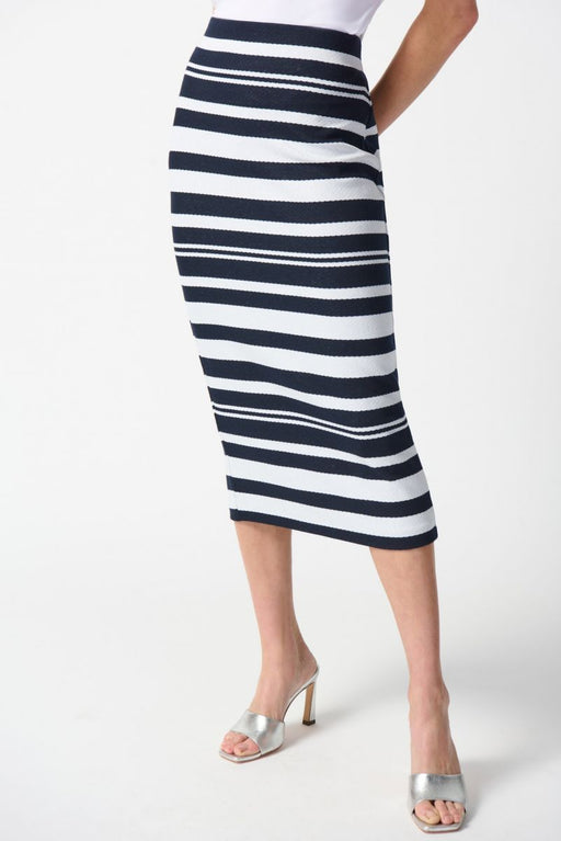Joseph Ribkoff Style 242050 Midnight Blue/Off-White Striped Knit Pull On Midi Pencil Skirt