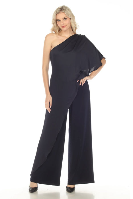 Joseph Ribkoff Style 241769 Midnight Blue One-Shoulder Chiffon Overlay Jumpsuit