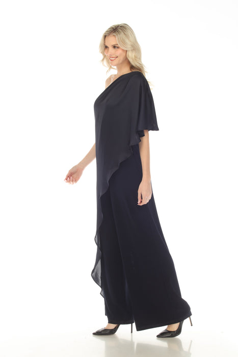 Joseph Ribkoff Midnight Blue One-Shoulder Chiffon Overlay Jumpsuit 241769