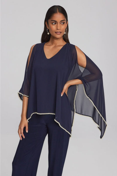 Joseph Ribkoff Style 241715 Midnight Blue Pearl Trim Chiffon Slit Sleeve Poncho Top