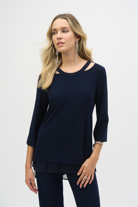 Joseph Ribkoff Style 243109 Midnight Blue Studded Cutout Neck Tunic Top