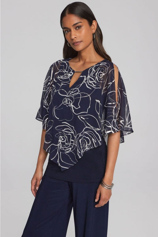 Joseph Ribkoff Style 241783 Midnight Blue/Vanilla Floral Print Chiffon Split Poncho Top