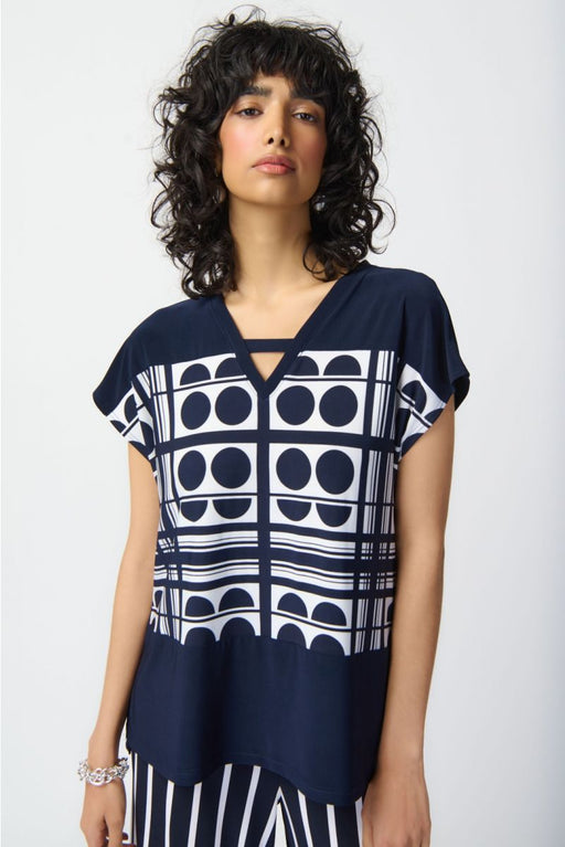 Joseph Ribkoff Style 241117 Midnight Blue/Vanilla Geometric Print Cutout V-Neck Top