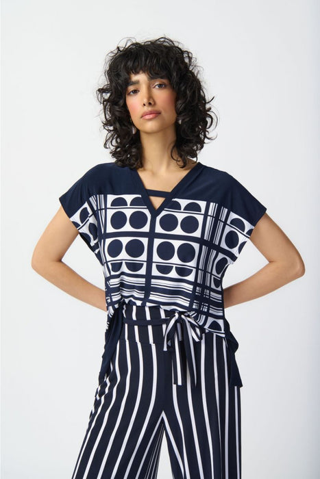 Joseph Ribkoff Midnight Blue/Vanilla Geometric Print Cutout V-Neck Top 241117