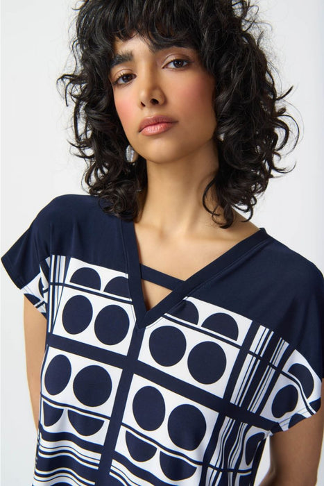 Joseph Ribkoff Midnight Blue/Vanilla Geometric Print Cutout V-Neck Top 241117