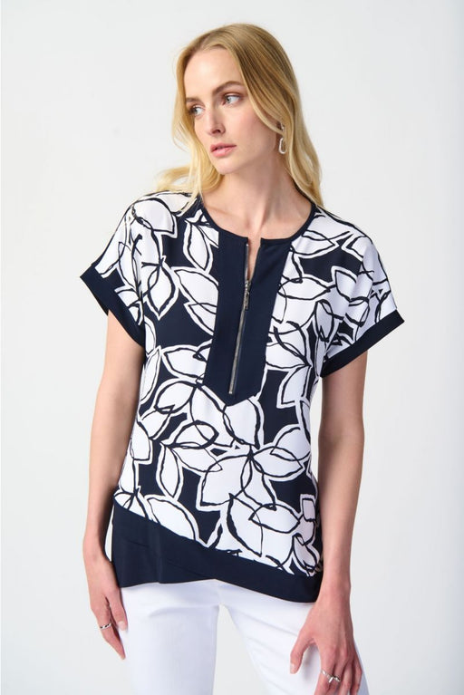 Joseph Ribkoff Style 241032 Midnight Blue/Vanilla Leaf Print Zip Front Asymmetric Hem Top