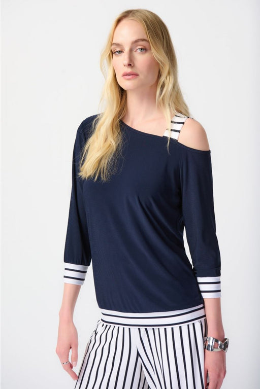 Joseph Ribkoff Style 241168 Midnight Blue/Vanilla Striped Asymmetric Cold-Shoulder Top