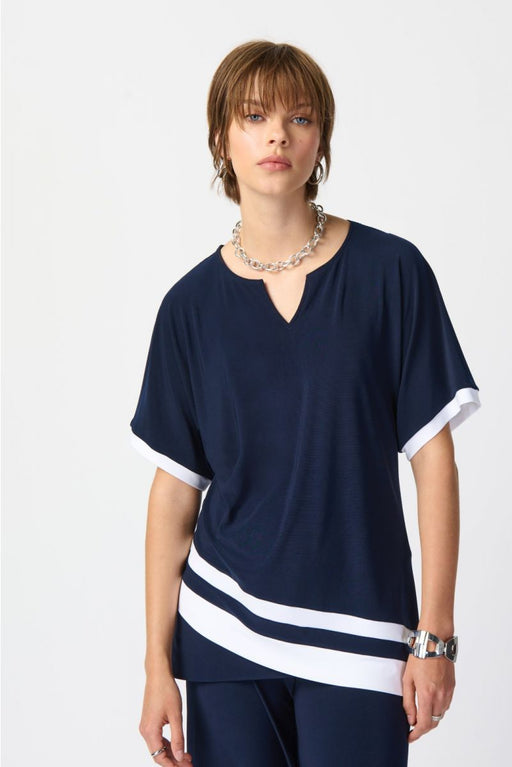 Joseph Ribkoff Style 241279 Midnight Blue/Vanilla Striped Short Sleeve Relaxed Asymmetric Top