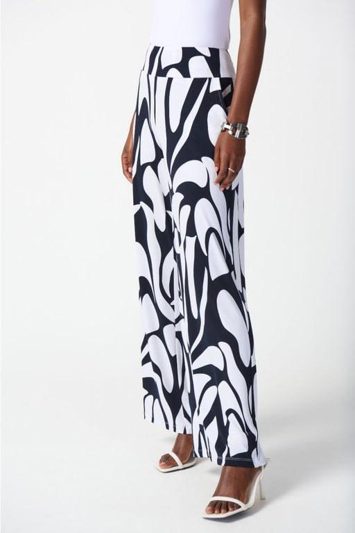 Joseph Ribkoff Style 242103 Midnight Blue/Vanilla Two-Tone Geometric Print Pull On Wide Leg Pants