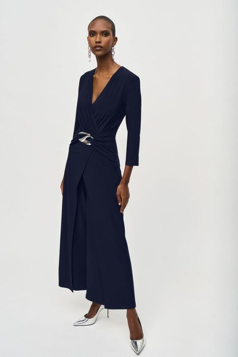 Joseph Ribkoff Style 243079 Midnight Blue Wrap Front 3/4 Sleeve Wide-Leg Jumpsuit