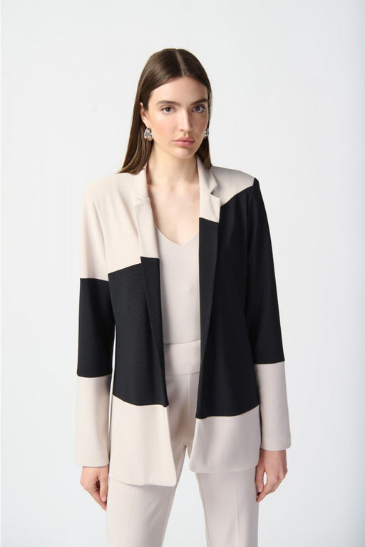 Joseph Ribkoff Style 241298 Moonstone/Black Two-Tone Color Block Open Front Blazer Jacket